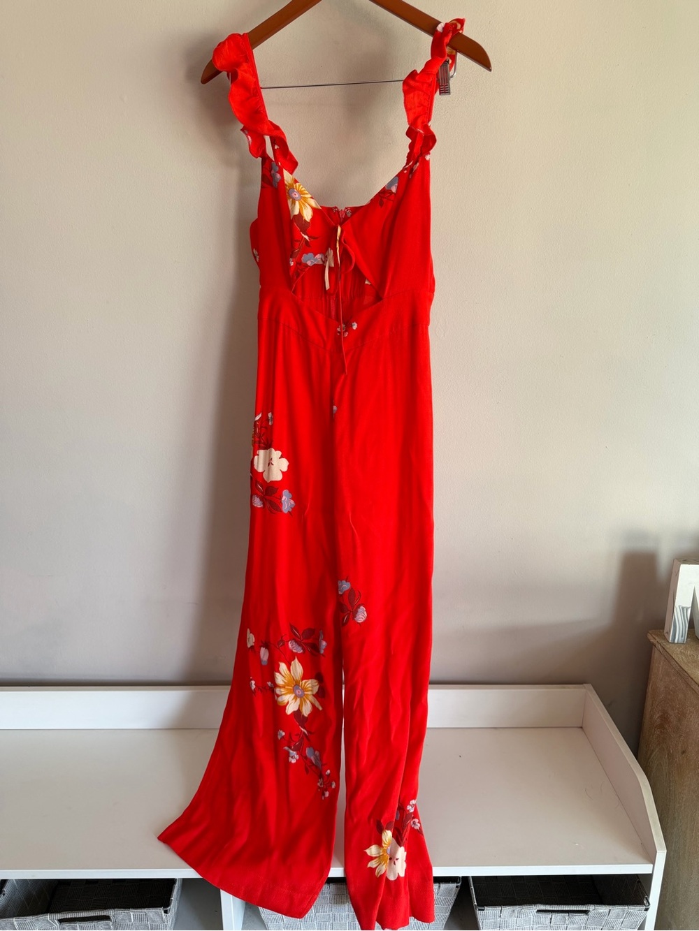 Capulet Red Floral Ruffle Strap Cutout Wide Leg Jumpsuit XS